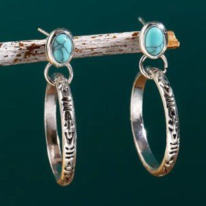 Vintage Boho Hoop Earrings Carved Flower Turquoise Silver - NEW